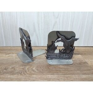 Pewter Metal Mallard Duck Bookends One In Flight Two Swimming Cattails vintage
